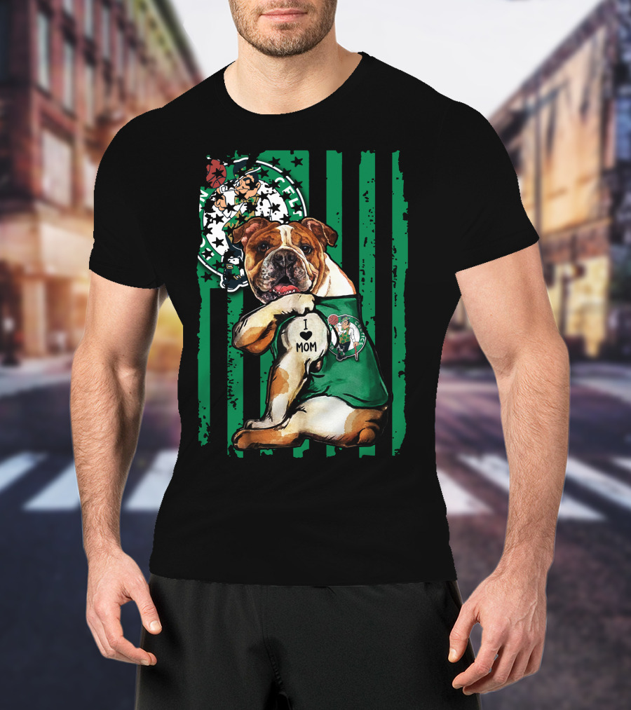 Bulldog Boston Celtics I Love Mom Green Stripes Basketball T-Shirt