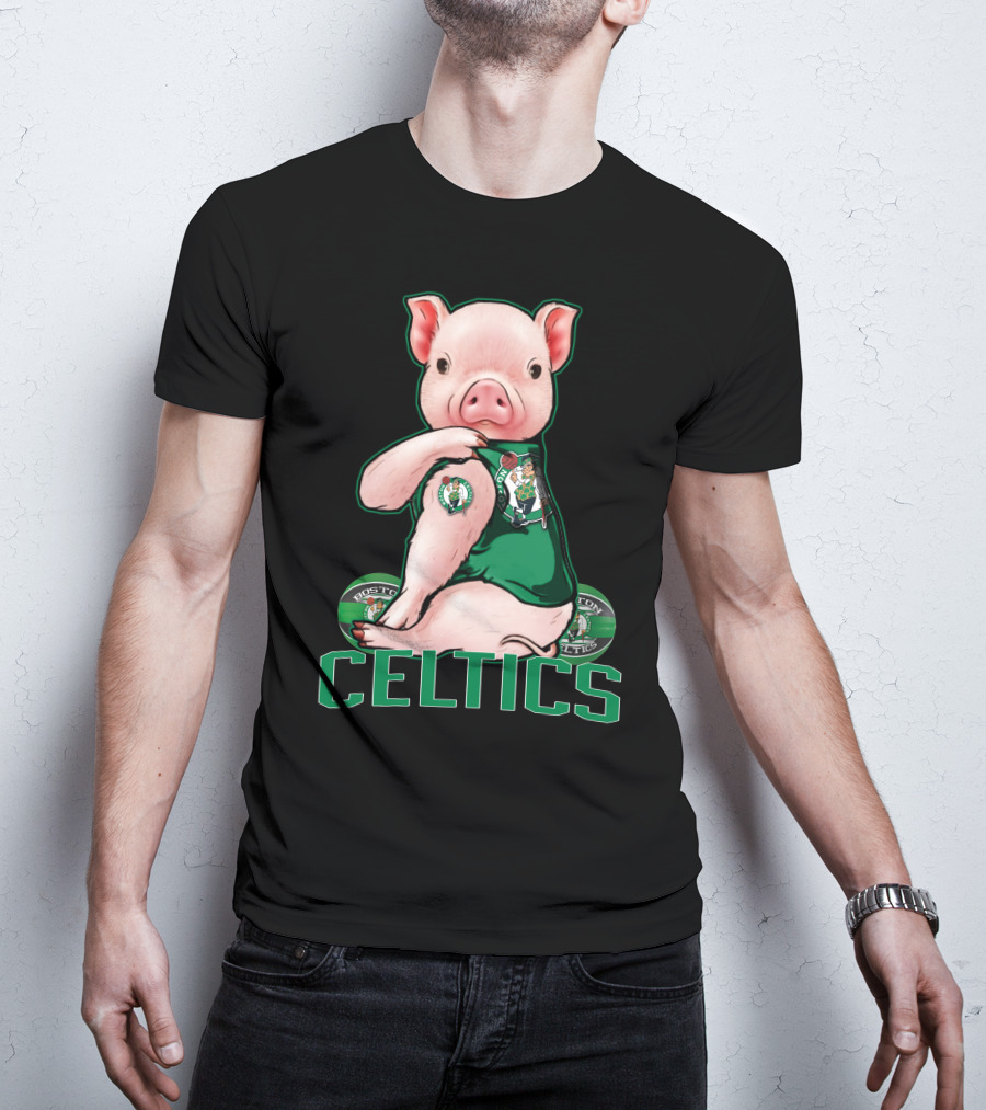 Pig Wearing Boston Celtics Logo Jersey With Celtics Text T-Shirt