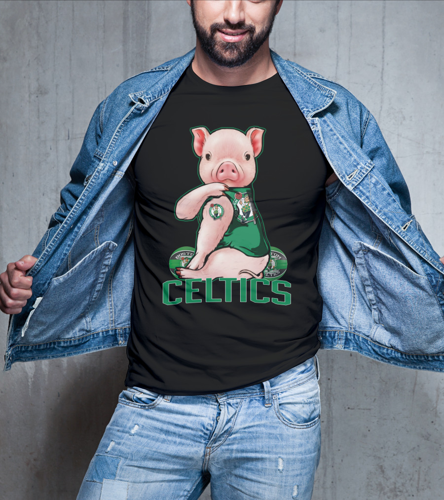 Pig Wearing Boston Celtics Logo Jersey With Celtics Text T-Shirt