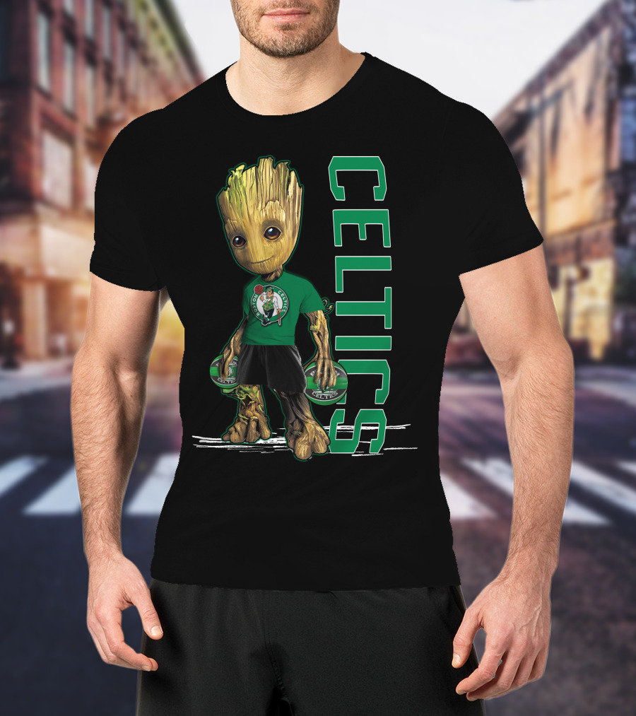Groot Celtics Boston Fan Art Marvel Basketball Collaboration T-Shirt