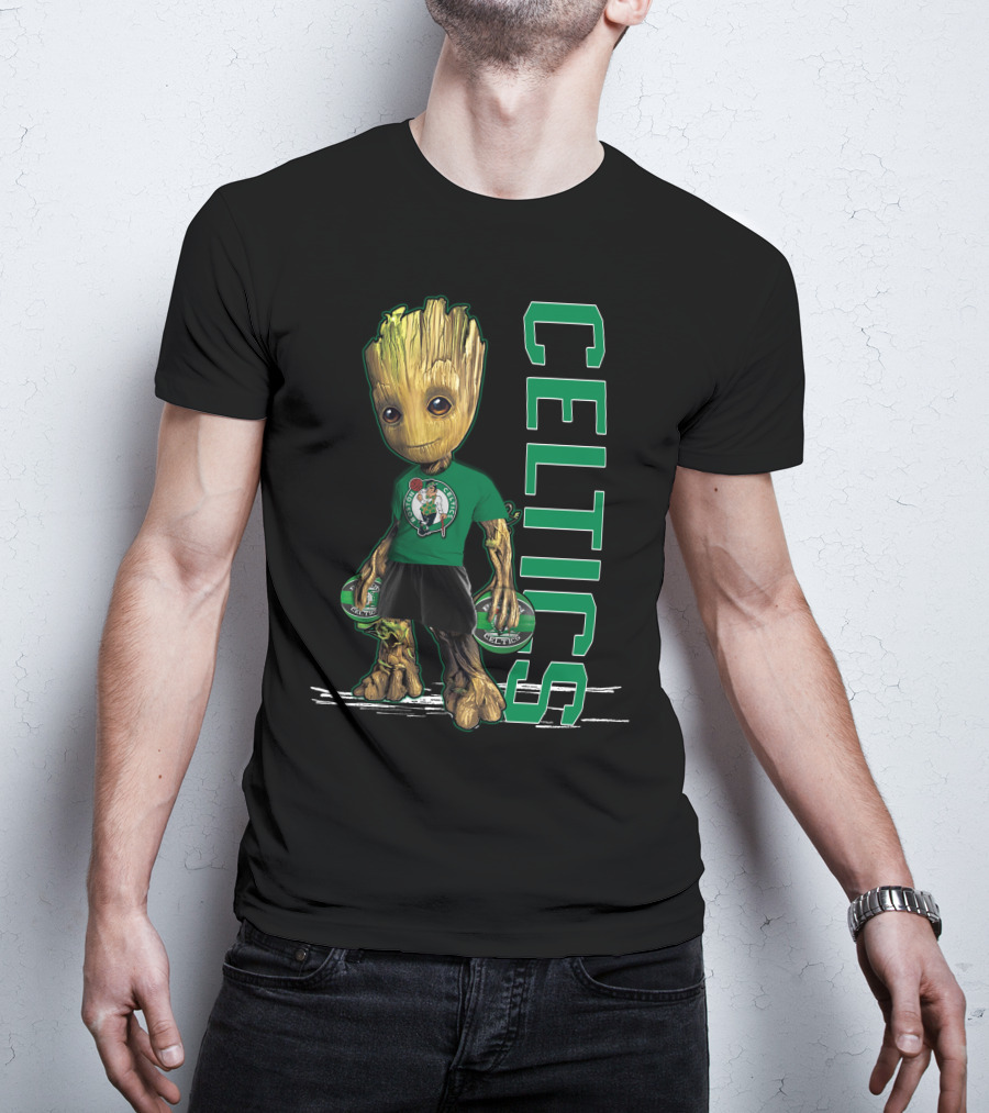 Groot Celtics Boston Fan Art Marvel Basketball Collaboration T-Shirt