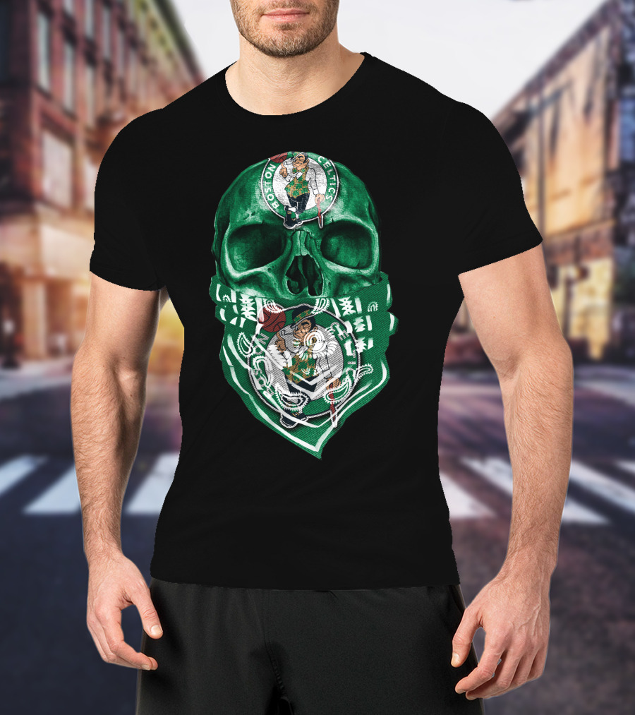 Boston Celtics Skull With Iconic Logos And Green Bandana T-Shirt