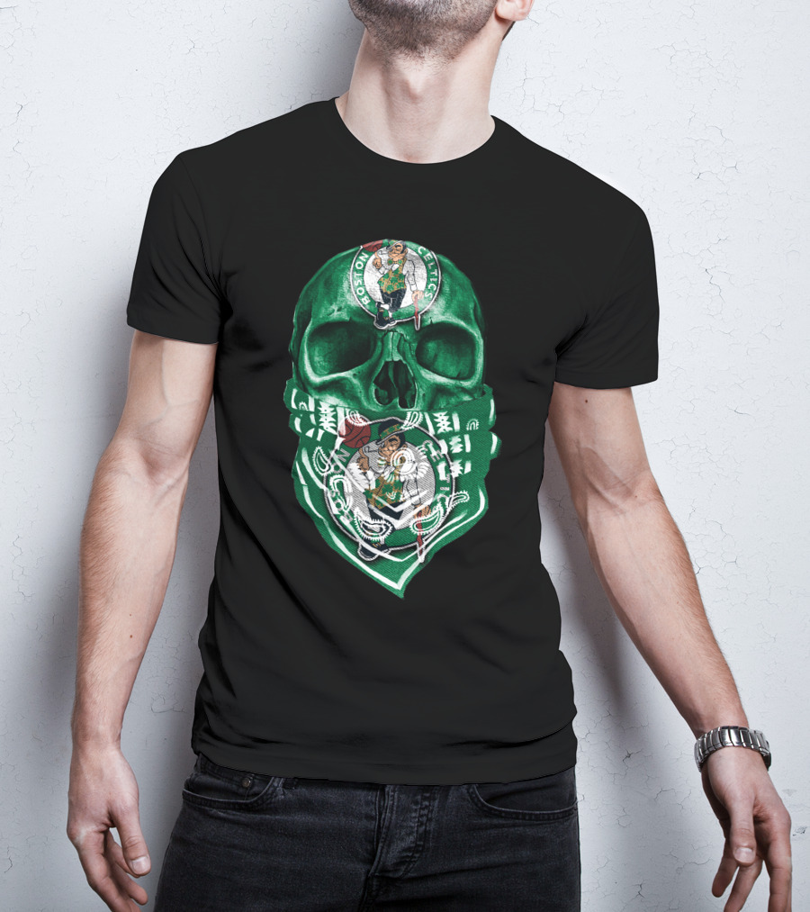 Boston Celtics Skull With Iconic Logos And Green Bandana T-Shirt
