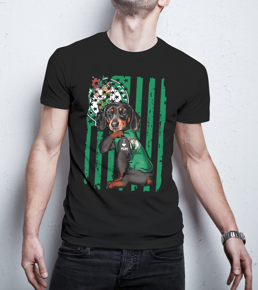 Dachshund Wearing I Love Mom Shirt With Boston Celtics Logo And Mascot T-Shirt