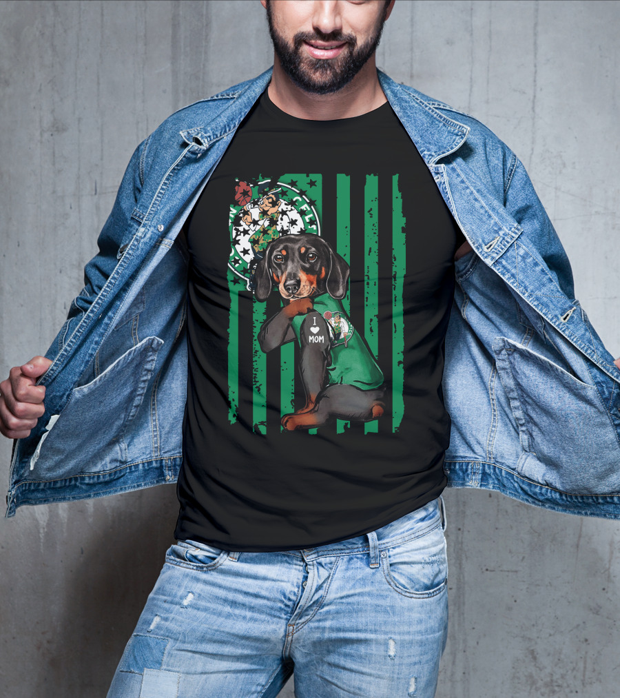 Dachshund Wearing I Love Mom Shirt With Boston Celtics Logo And Mascot T-Shirt