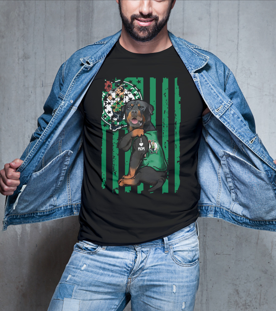 Rottweiler I Love Mom Boston Celtics Fan Logo Background T-Shirt