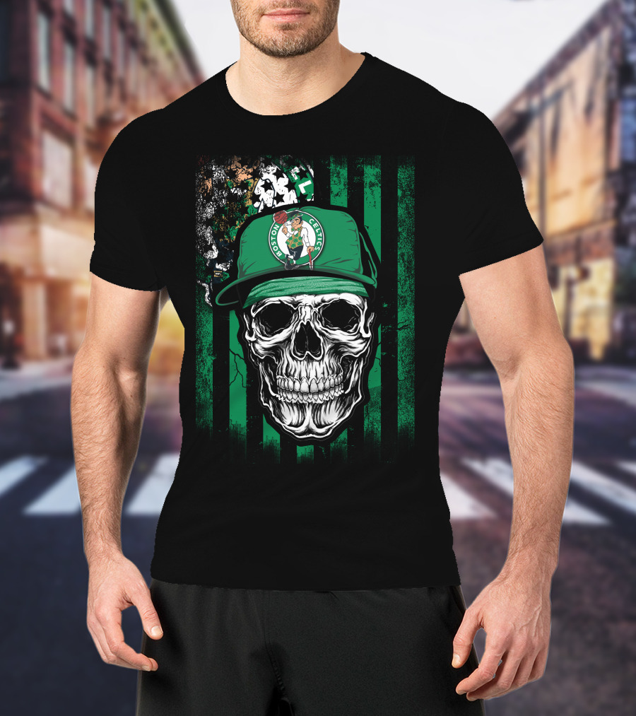 Boston Celtics Skull With Team Logo Hat T-Shirt