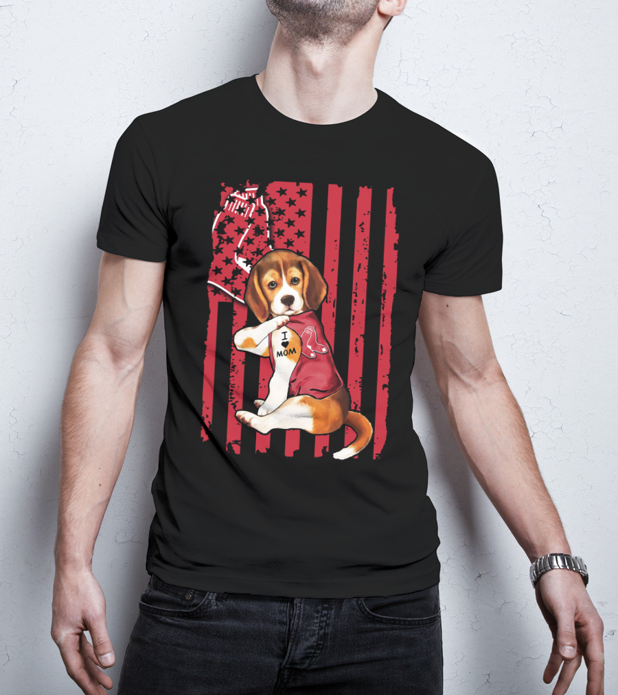 Beagle Puppy With Boston Red Sox Jersey And I Love Mom Tattoo On American Flag Background T-Shirt