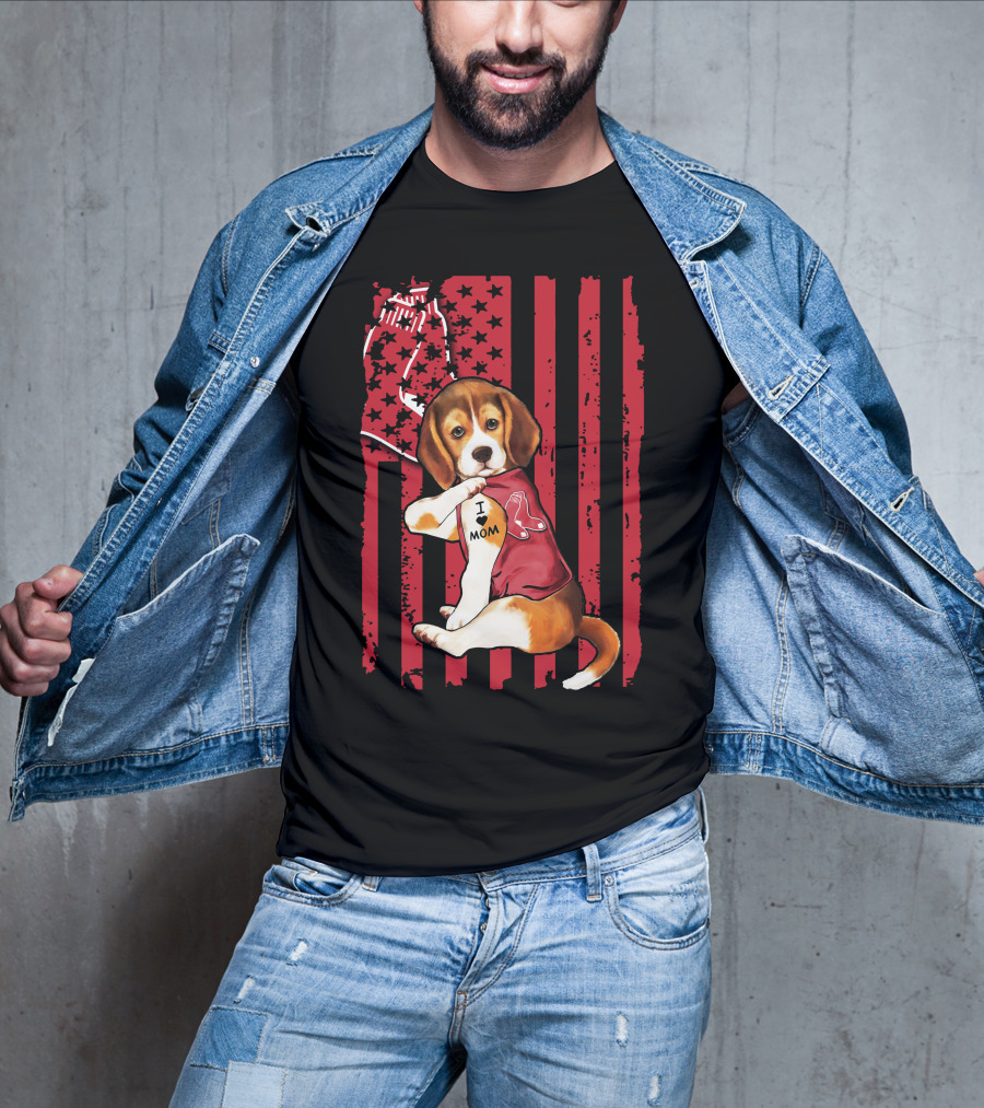 Beagle Puppy With Boston Red Sox Jersey And I Love Mom Tattoo On American Flag Background T-Shirt