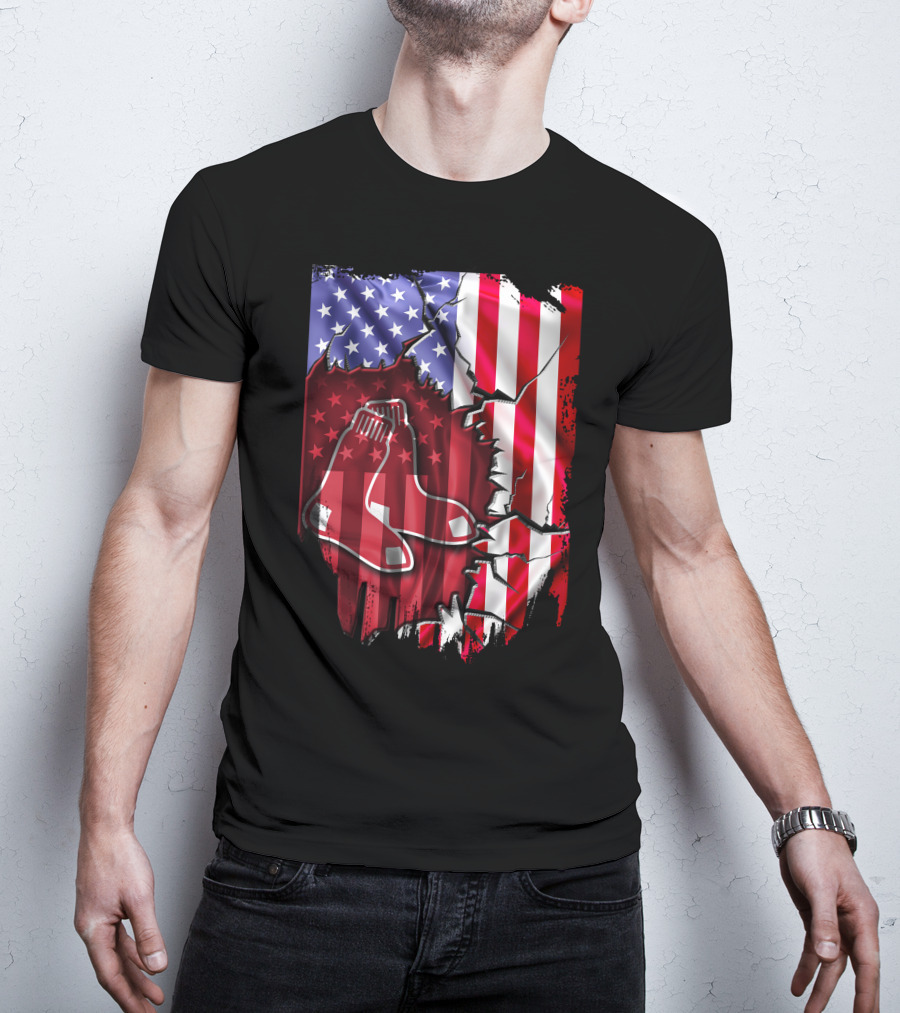 Flag Boston Red Sox American Stars And Stripes Patchwork T-Shirt