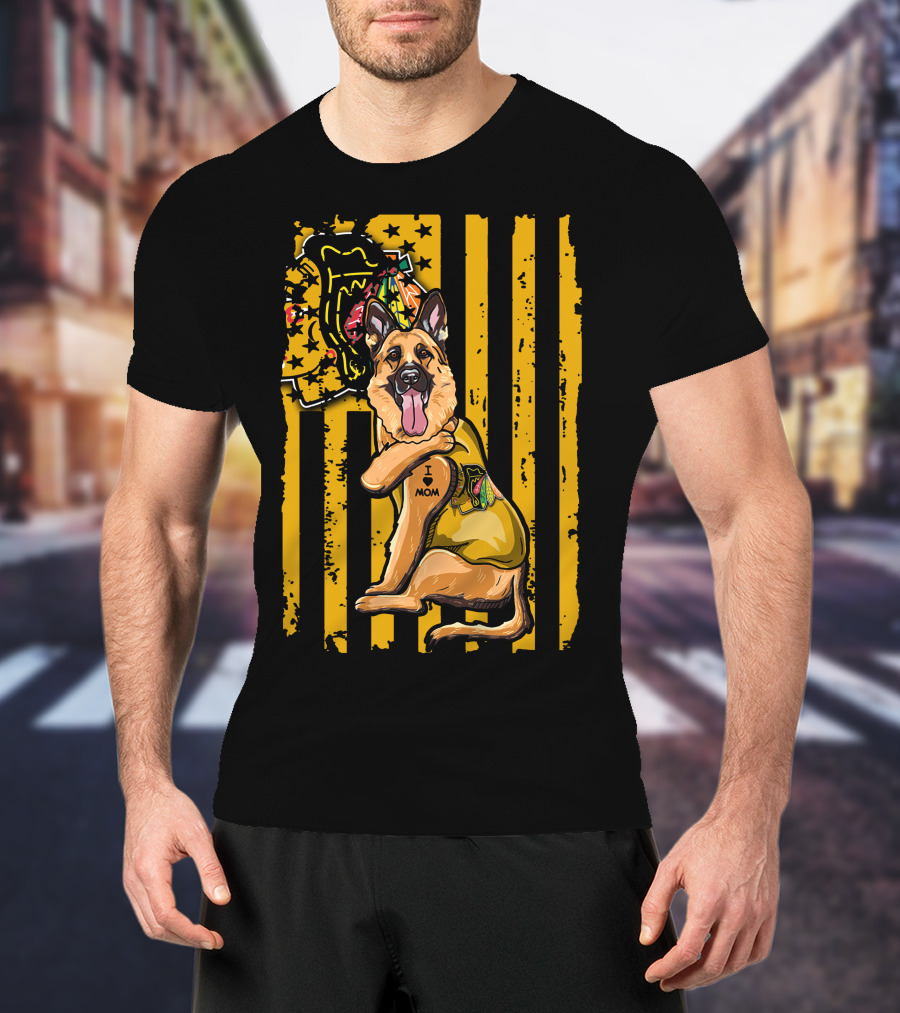 German Shepherd I Love Mom Chicago Blackhawks Stripes T-Shirt