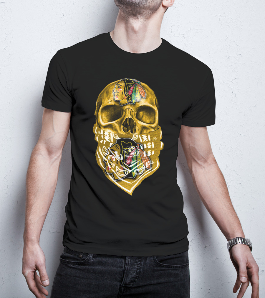 Skull With Chicago Blackhawks Logo Bandana T-Shirt
