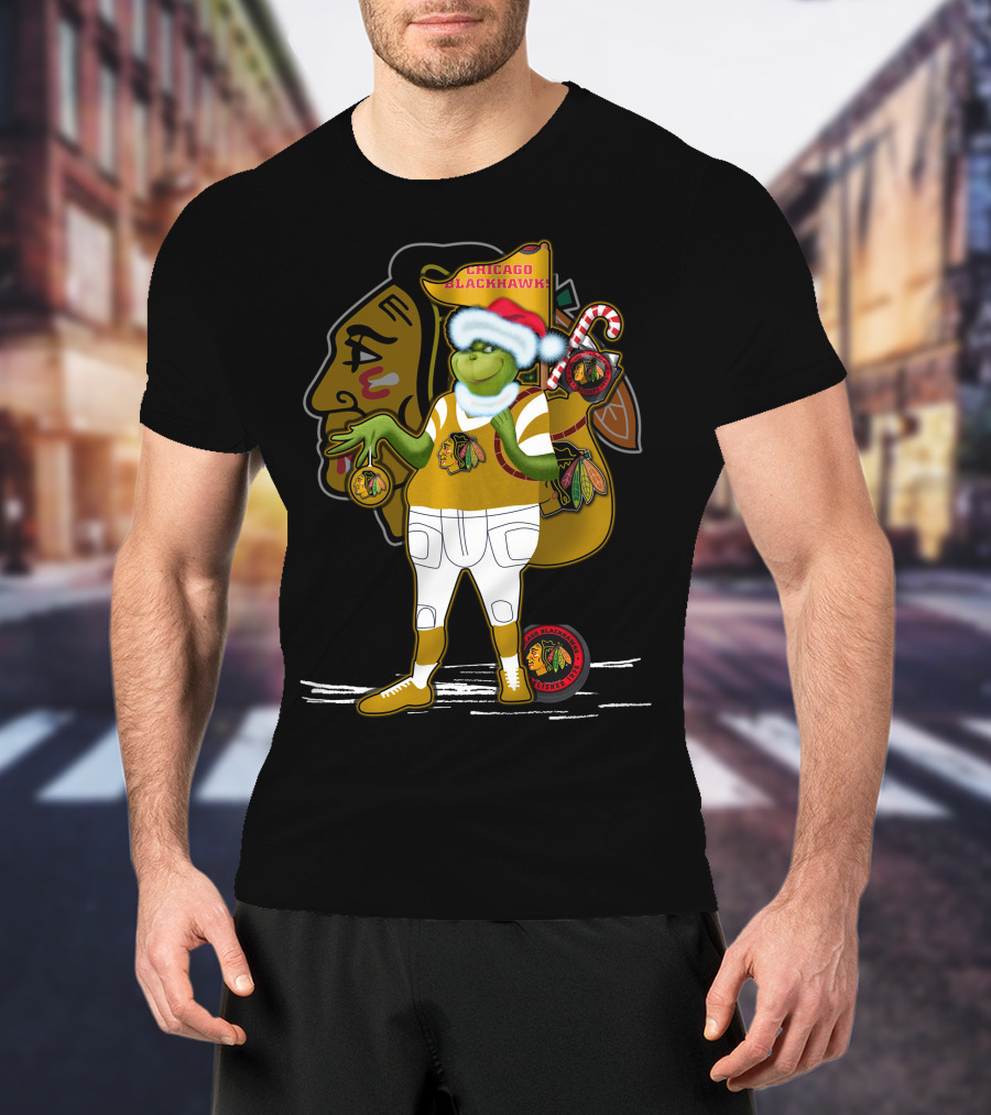 Chicago Blackhawks Grinchxmas Santa Hat Candy Cane Holiday T-Shirt