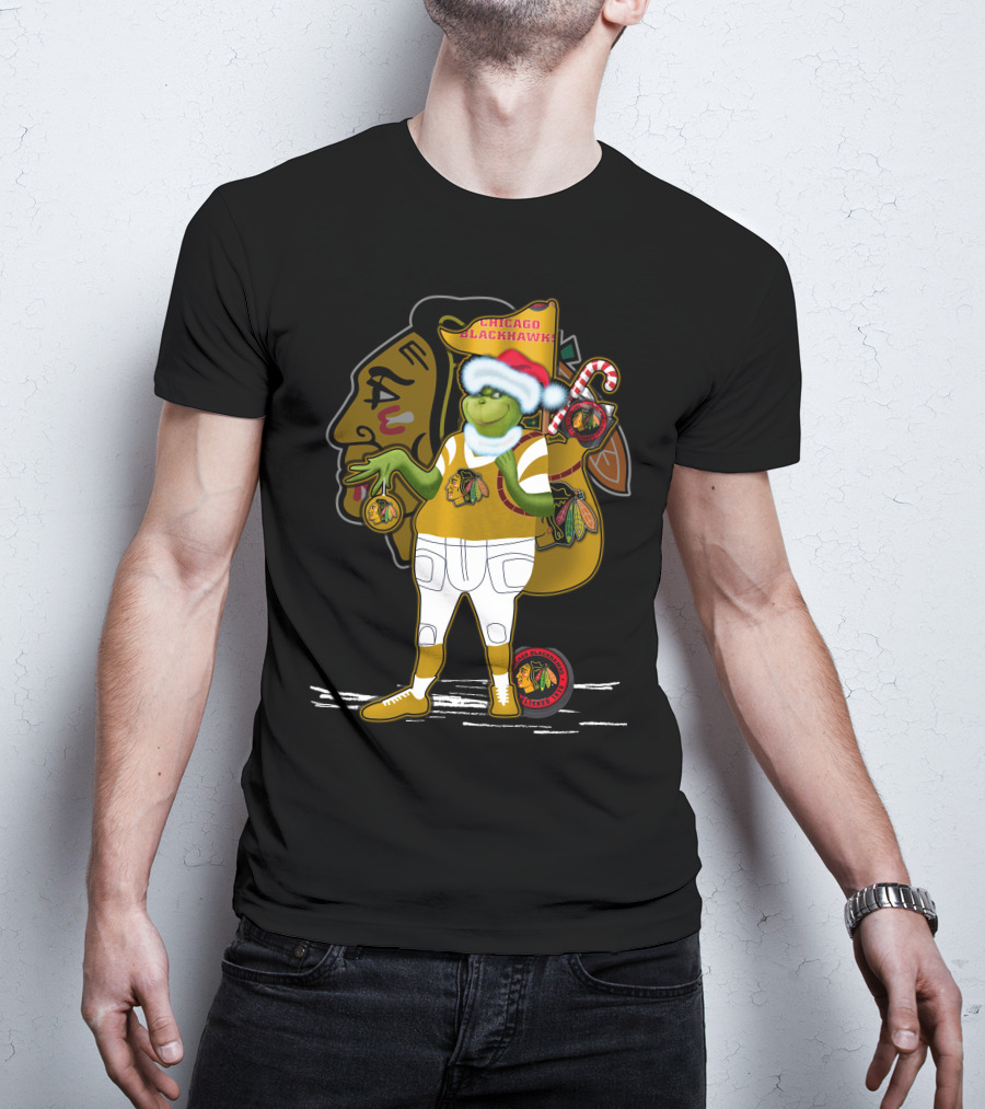 Chicago Blackhawks Grinchxmas Santa Hat Candy Cane Holiday T-Shirt
