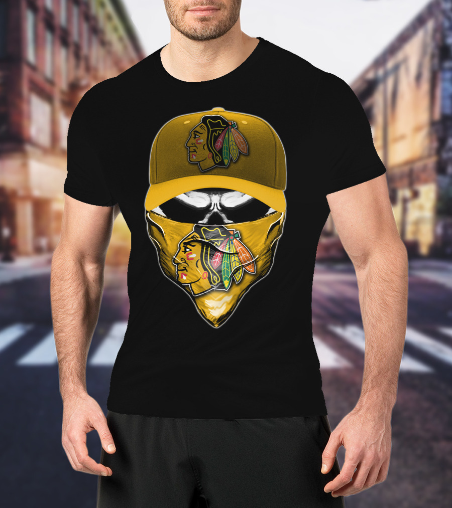 Skull Chicago Blackhawks Logo Hat And Bandana T-Shirt