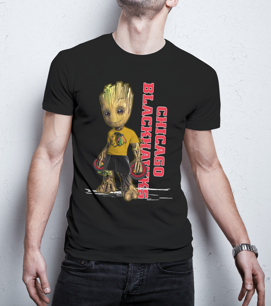 Groot Chicago Blackhawks Holding Hockey Pucks T-Shirt