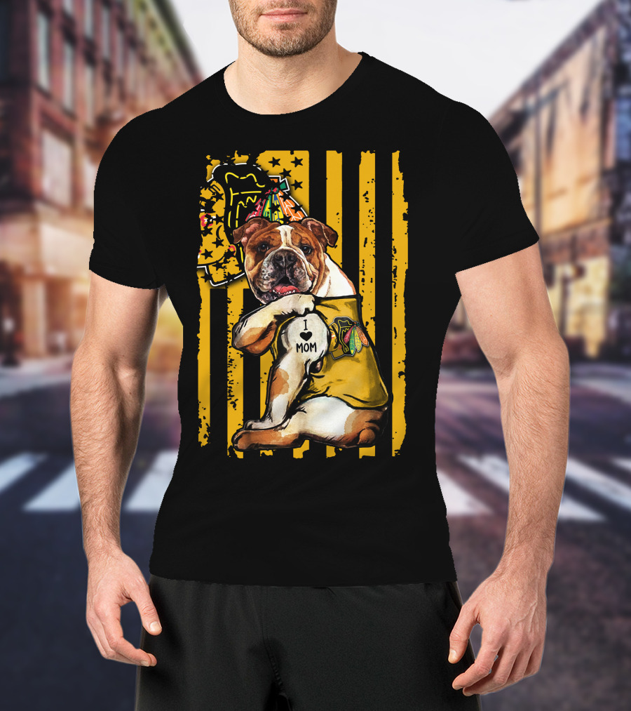 Bulldog I Love Mom Chicago Blackhawks Party Hat Yellow Stripes T-Shirt
