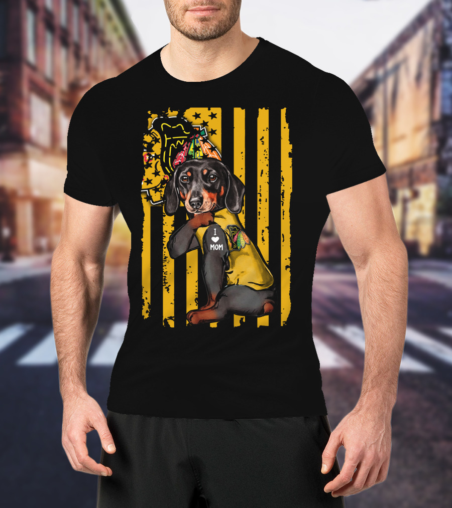 Dachshund In Chicago Blackhawks Outfit With I Love Mom Badge T-Shirt