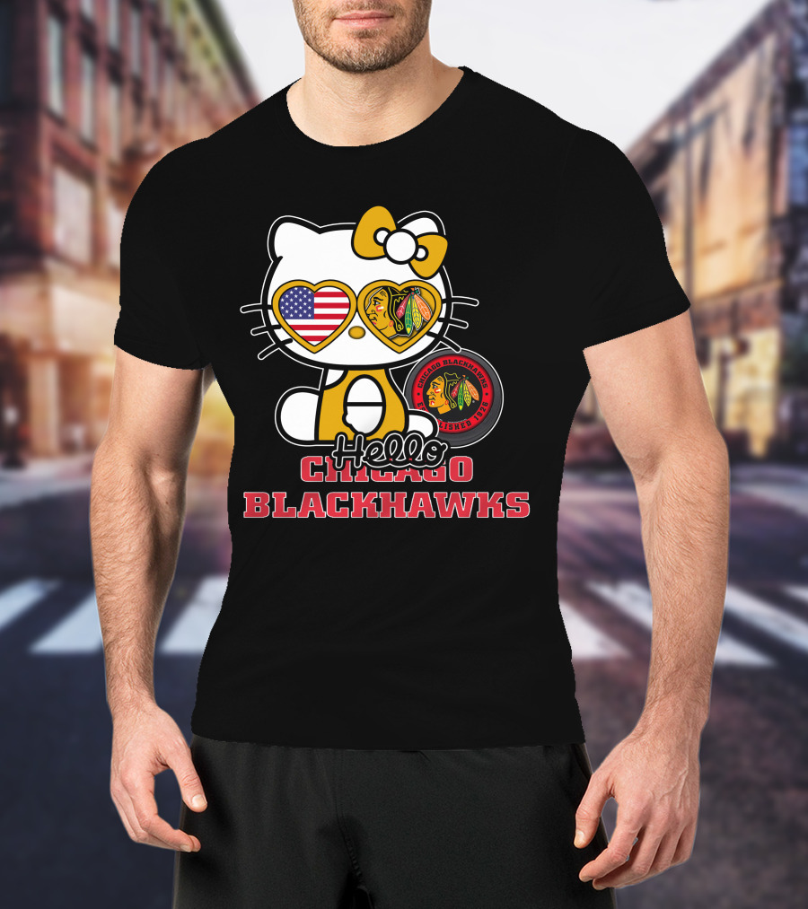 Hello Kitty Chicago Blackhawks American Flag Hockey Fan T-Shirt