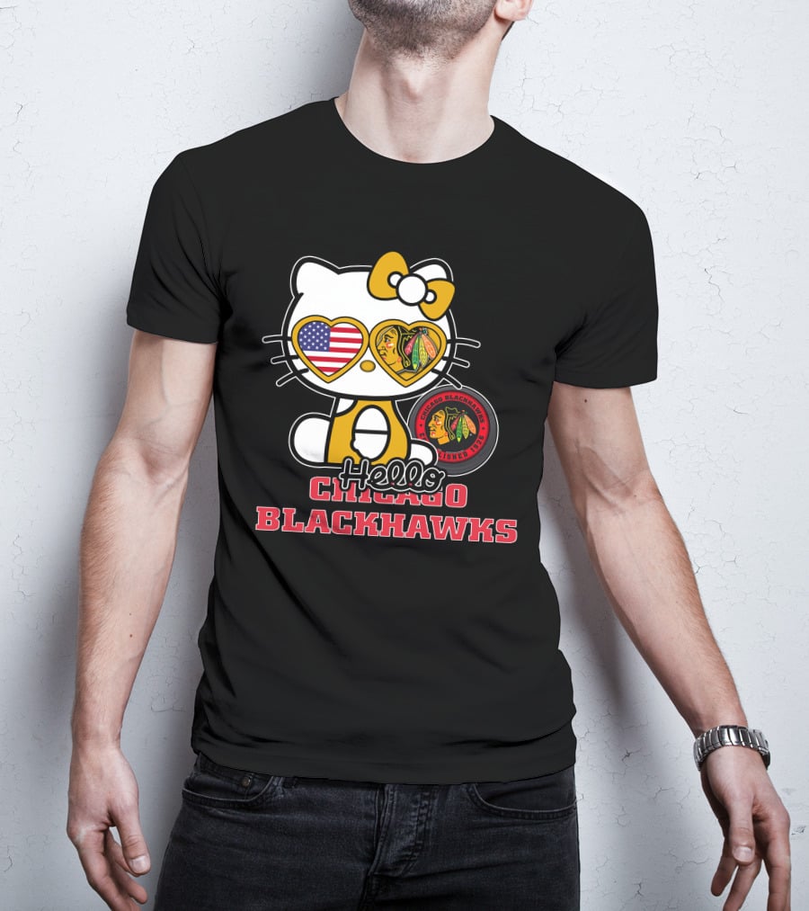 Hello Kitty Chicago Blackhawks American Flag Hockey Fan T-Shirt