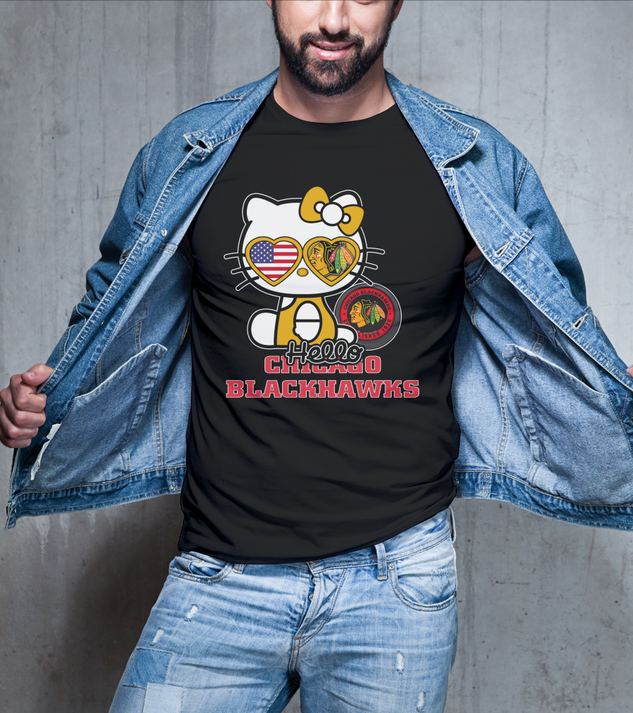 Hello Kitty Chicago Blackhawks American Flag Hockey Fan T-Shirt