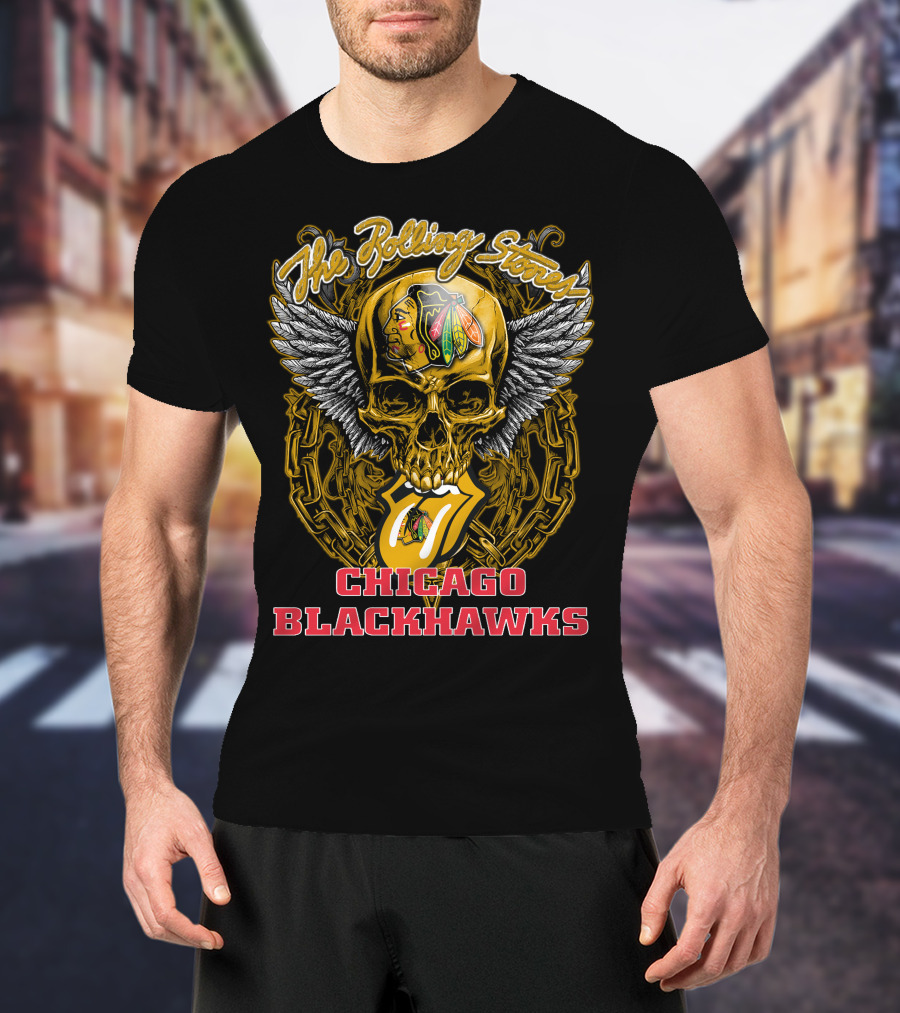 The Rolling Stones Tongue And Wings Skull With Chicago Blackhawks T-Shirt