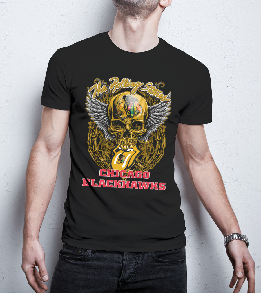 The Rolling Stones Tongue And Wings Skull With Chicago Blackhawks T-Shirt