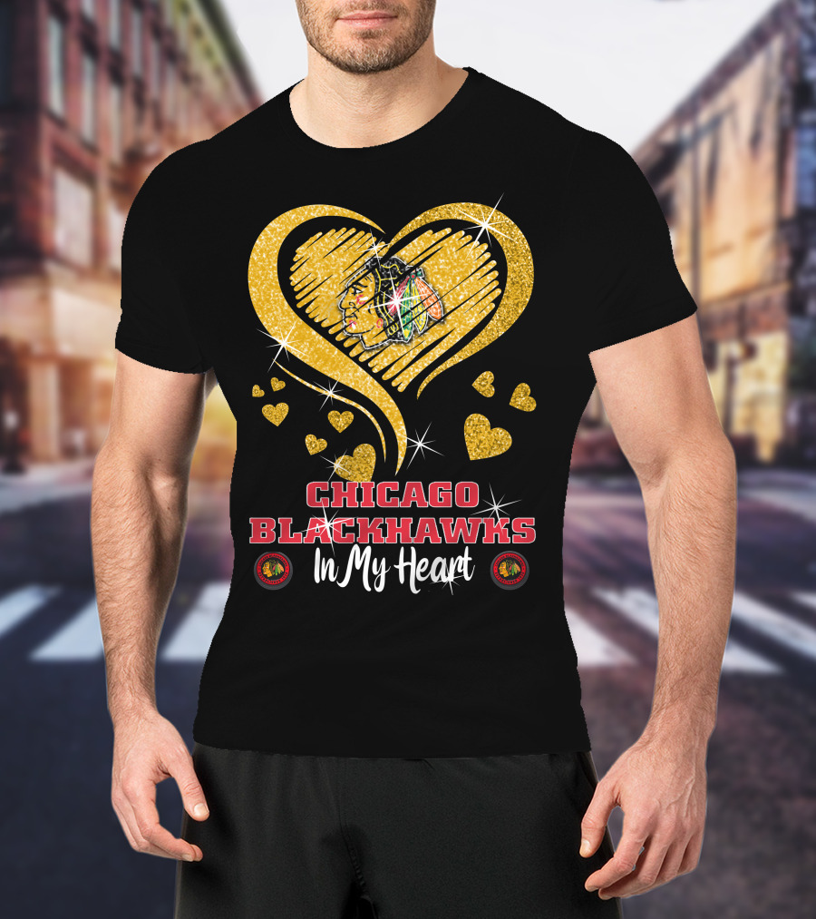 Chicago Blackhawks In My Heart Golden Glitter Logo Hearts T-Shirt