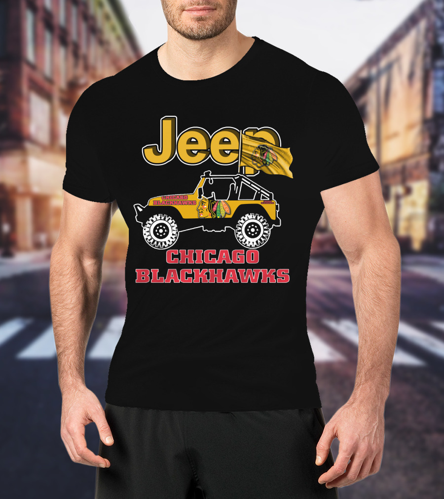 Jeep Chicago Blackhawks Off-Road Vehicle With Team Logo And Flag T-Shirt
