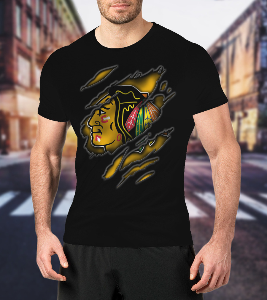 Torn Chicago Blackhawks Logo Claw Marks Yellow And Black T-Shirt