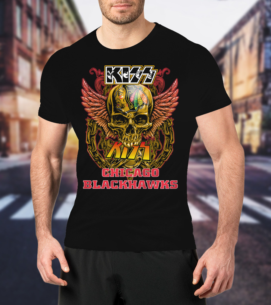 Kiss Chicago Blackhawks Skull With Wings And Chains T-Shirt
