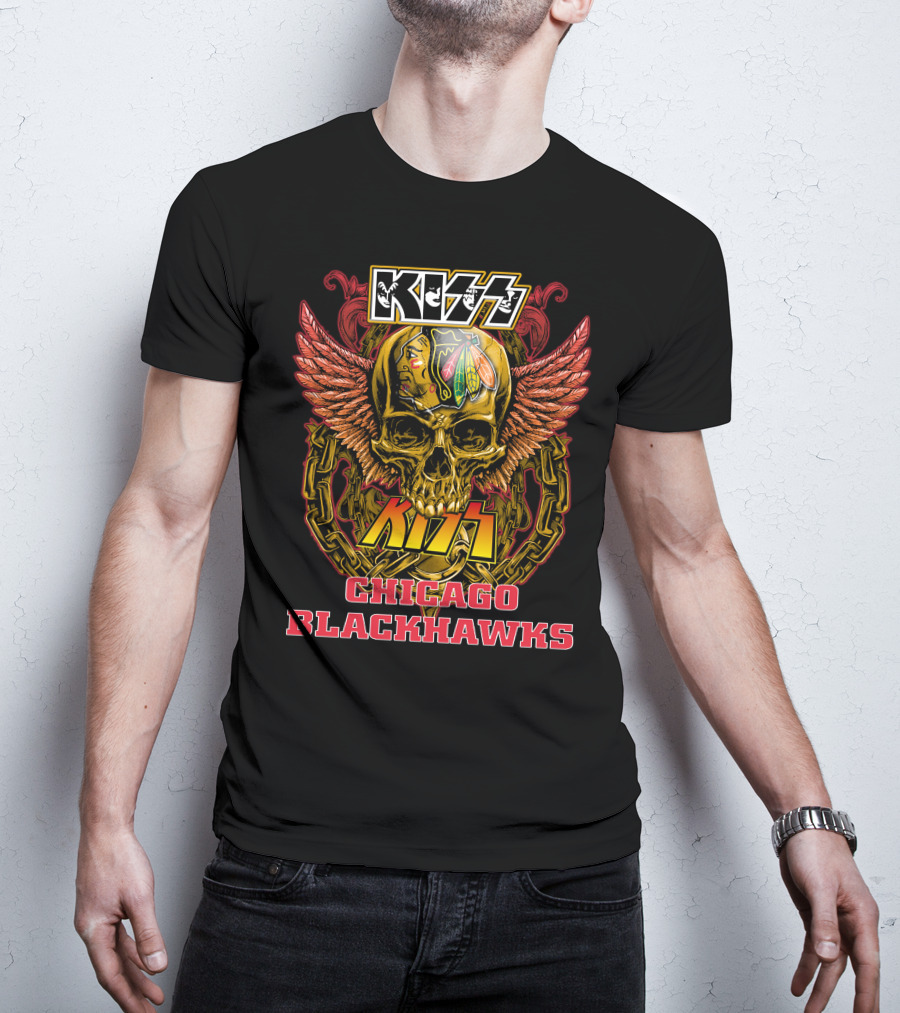 Kiss Chicago Blackhawks Skull With Wings And Chains T-Shirt