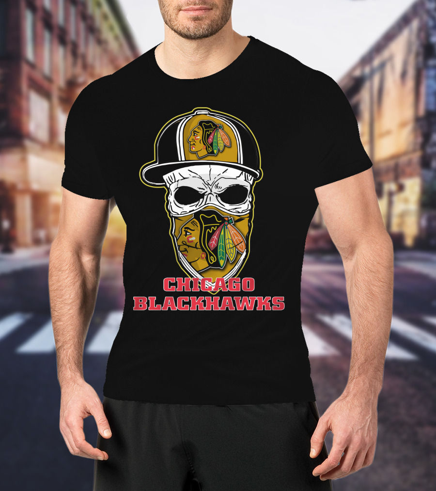 Chicago Blackhawks Skull Hat T-Shirt