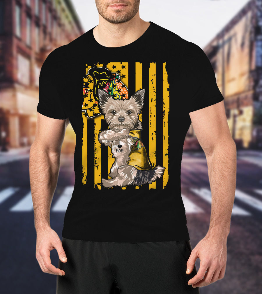Yorkshire Terrier I Love Mom Chicago Blackhawks Stripes T-Shirt