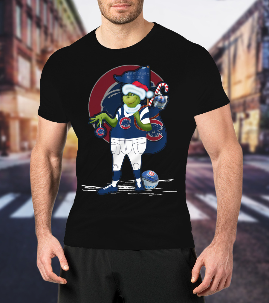Grinchxmas Chicago Cubs Christmas Spirit With Santa Hat And Candy Cane T-Shirt