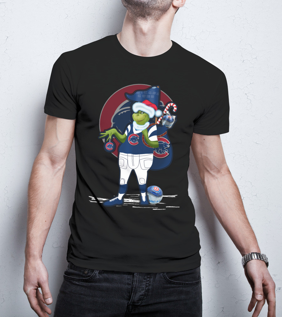 Grinchxmas Chicago Cubs Christmas Spirit With Santa Hat And Candy Cane T-Shirt