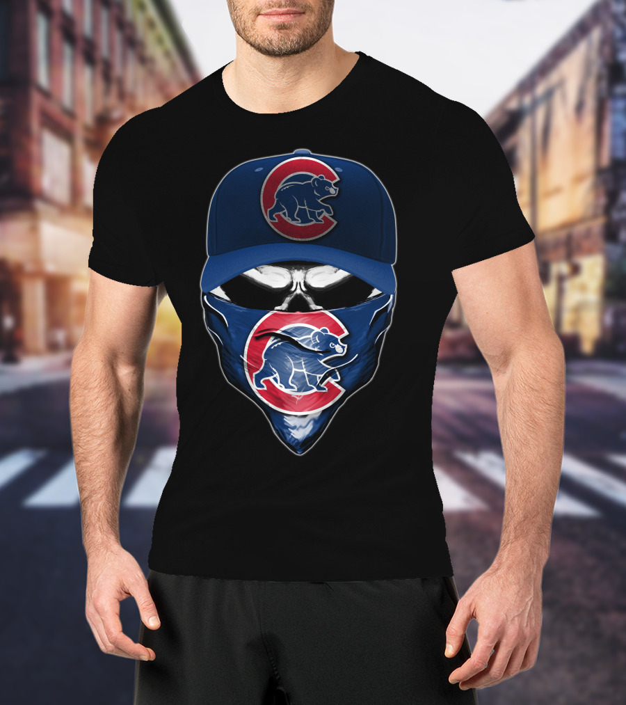 Skull Wearing Chicago Cubs Hat And Bandana T-Shirt