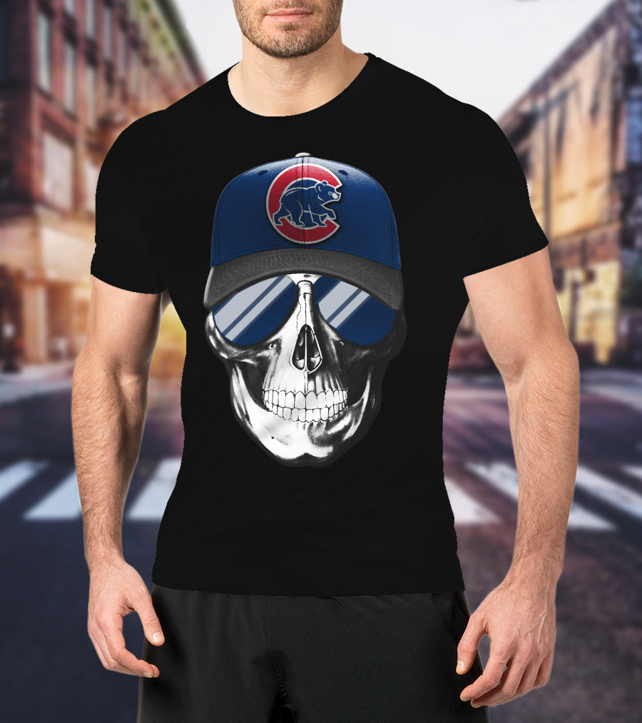 Skull Wearing Chicago Cubs Hat With Reflective Sunglasses T-Shirt