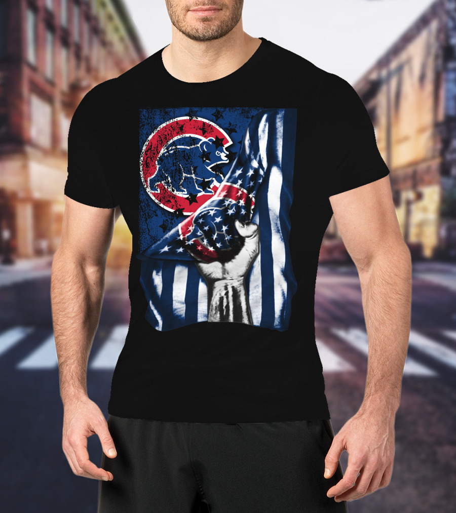 Chicago Cubs American Flag Blue Bear Emblem T-Shirt