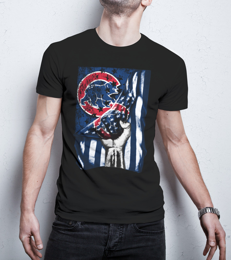 Chicago Cubs American Flag Blue Bear Emblem T-Shirt