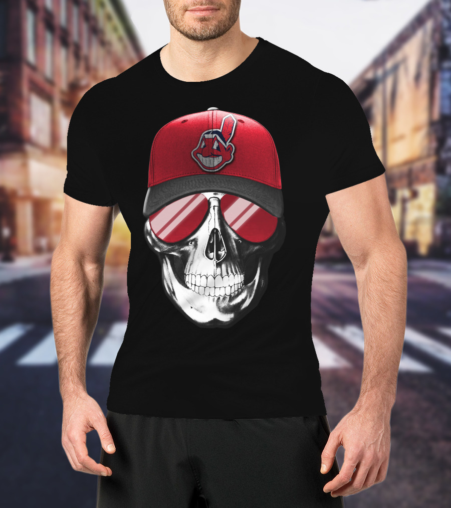 Skull With Cleveland Indians Cap And Sunglasses T-Shirt