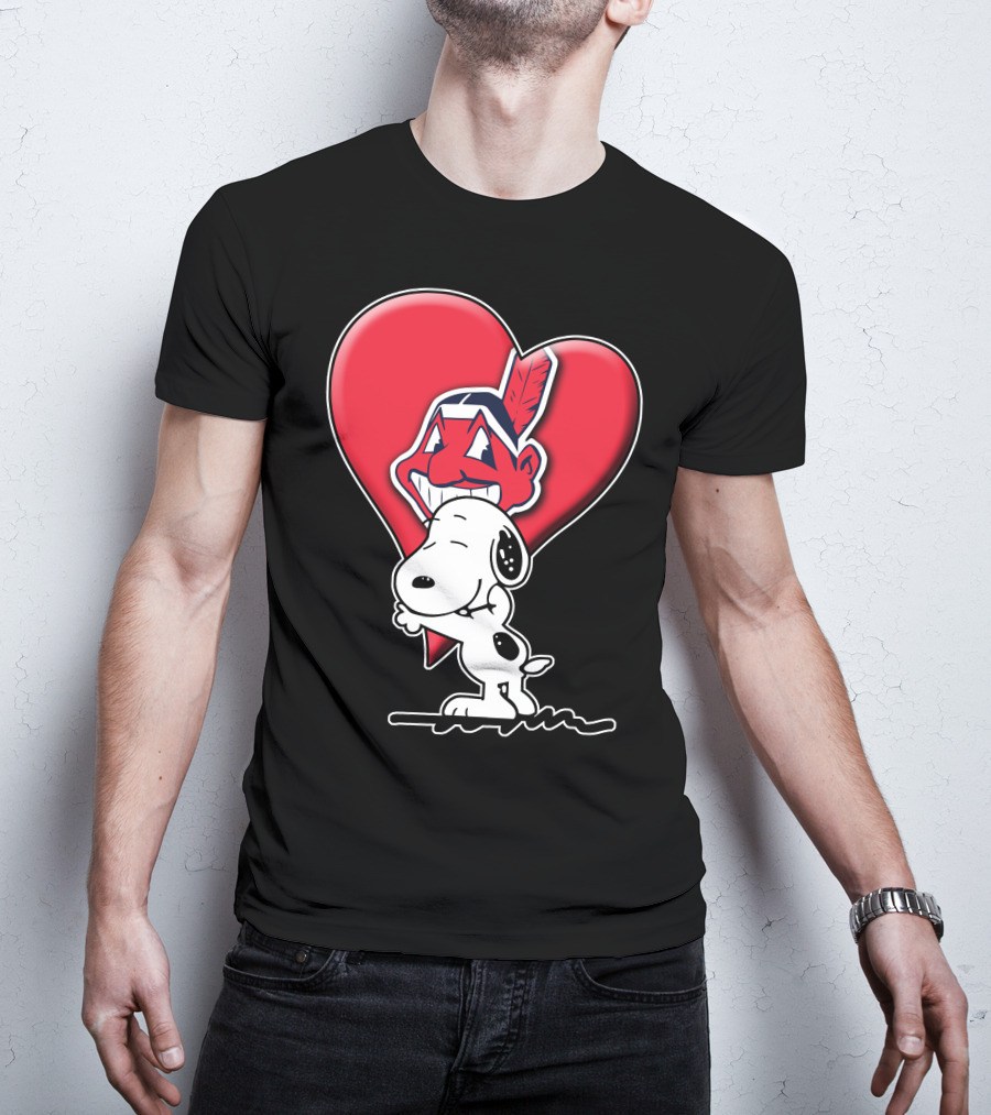 Snoopy Hugging Cleveland Indians Logo Heart T-Shirt