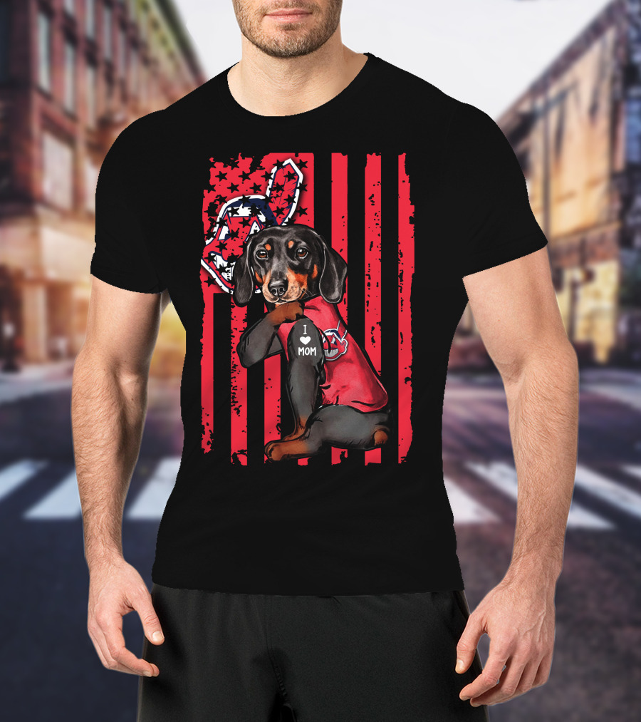 Dachshund With Baseball Team Logo And I Love Mom Patch On Red Stripes T-Shirt