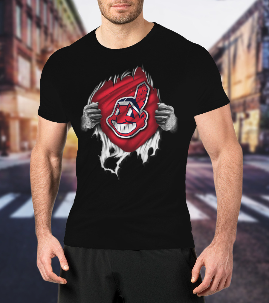 Torn Cleveland Indians Logo With Ripped Red Background And Hands T-Shirt