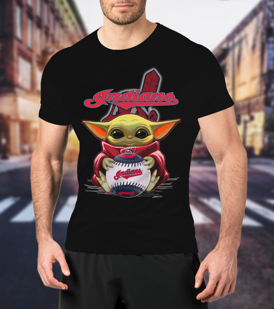 Indians Baby Yoda Holding Baseball With Feather Background T-Shirt