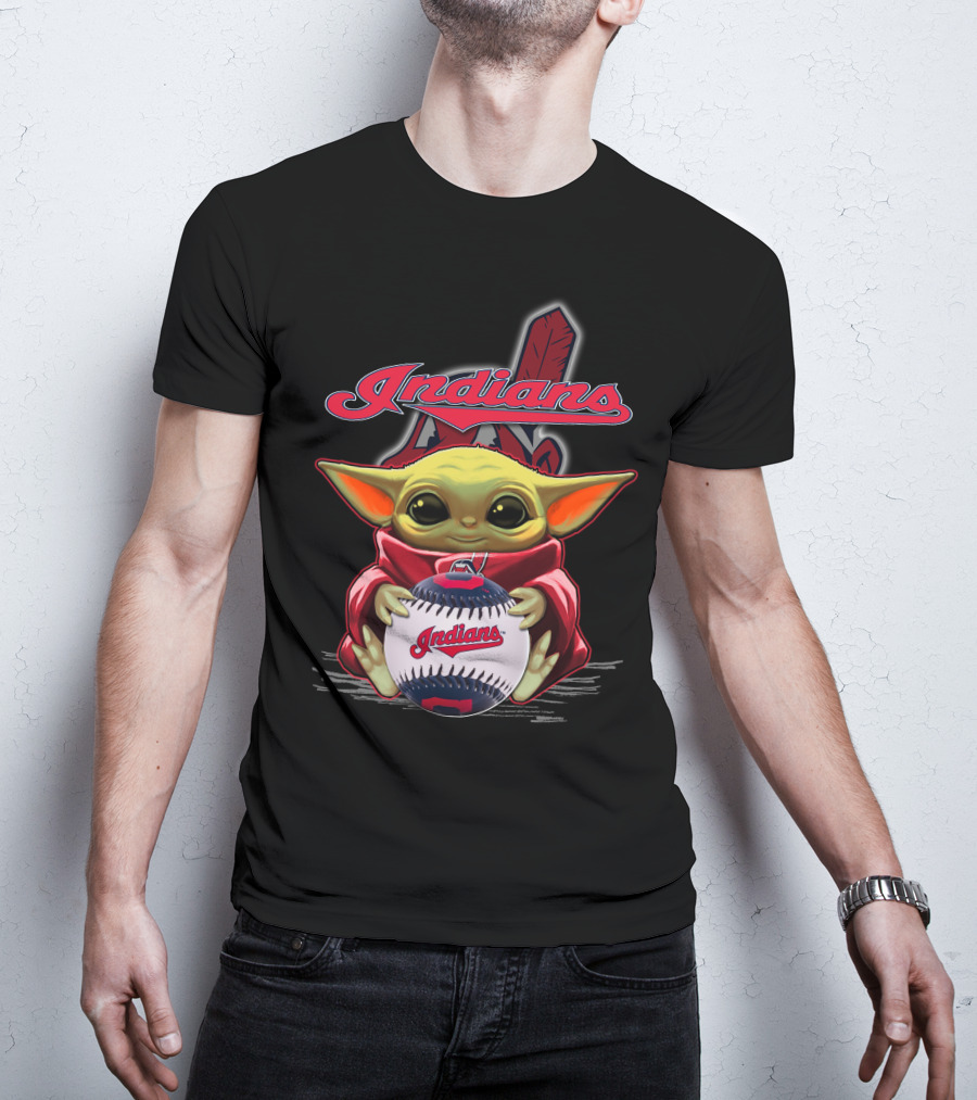 Indians Baby Yoda Holding Baseball With Feather Background T-Shirt