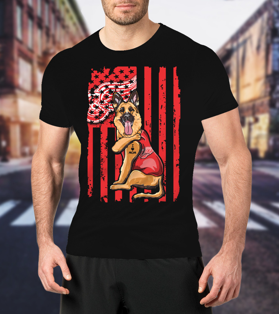 German Shepherd With Detroit Red Wings And I Love Mom Tattoo Flag Background T-Shirt