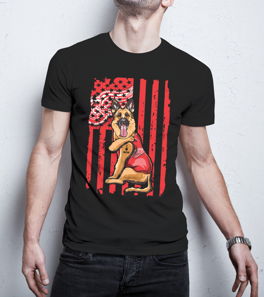 German Shepherd With Detroit Red Wings And I Love Mom Tattoo Flag Background T-Shirt