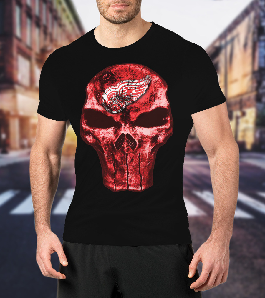 Skull Detroit Red Wings Grunge Style Emblem T-Shirt