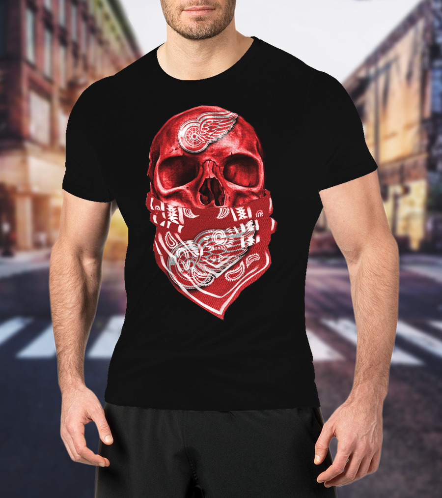 Skull With Detroit Red Wings Bandana T-Shirt